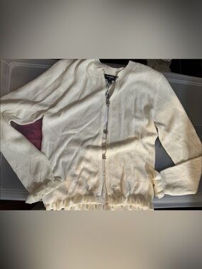 CHANEL Cream Knit Zip-Up Cardigan with Ruffle Trim